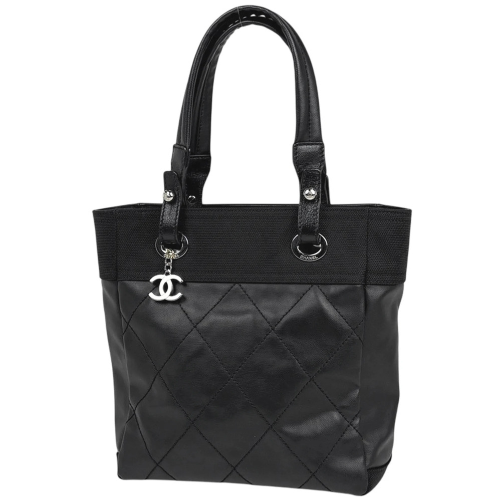 CHANEL Black Coated Canvas Logo Tote Bag